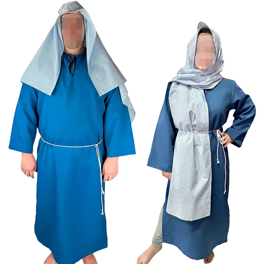 Disfraz Semana Santa  El disfraz de hebreo adulto consta de una túnica azul, cuerda trenzada para colocar en la cintura y pañuelo para la cabeza a rayas blancas y azules.    Todas nuestras túnicas tienen un obertura en la parte de delante del cuello para facilitar a la hora de ponérsela. También hacemos unas rajas laterales en los bajos para tener libertad de movimientos a la hora de caminar con la túnica puesta.    Este traje de hebreo para hombre o mujer es adecuado para procesiones, teatro y belén viviente. Los acabados y telas son de calidad para que no parezcan un disfraz.